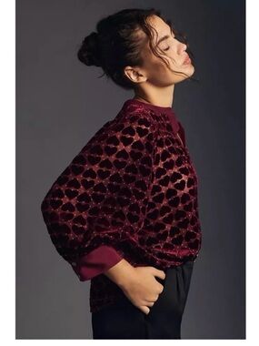 Anthropologie Maeve Burgundy Heart Velvet Button-Down Blouse